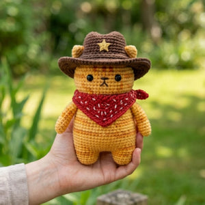 Crochet Cowboy Cat Plush With Hat and Bandana, Cute Amigurumi Western Kitty Stuffed Animal, Kawaii Nursery Decor Gift, 4-12 Inch Plush Gifts