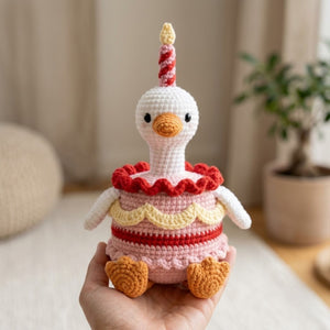 Handmade Crochet Birthday Goose Plush, Cute Amigurumi Goose Cake Doll, Pink Party Bird Gift, Soft Nursery Decor in 4-12 Inch Sizes