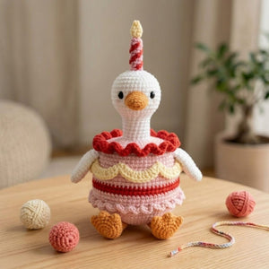Handmade Crochet Birthday Goose Plush, Cute Amigurumi Goose Cake Doll, Pink Party Bird Gift, Soft Nursery Decor in 4-12 Inch Sizes