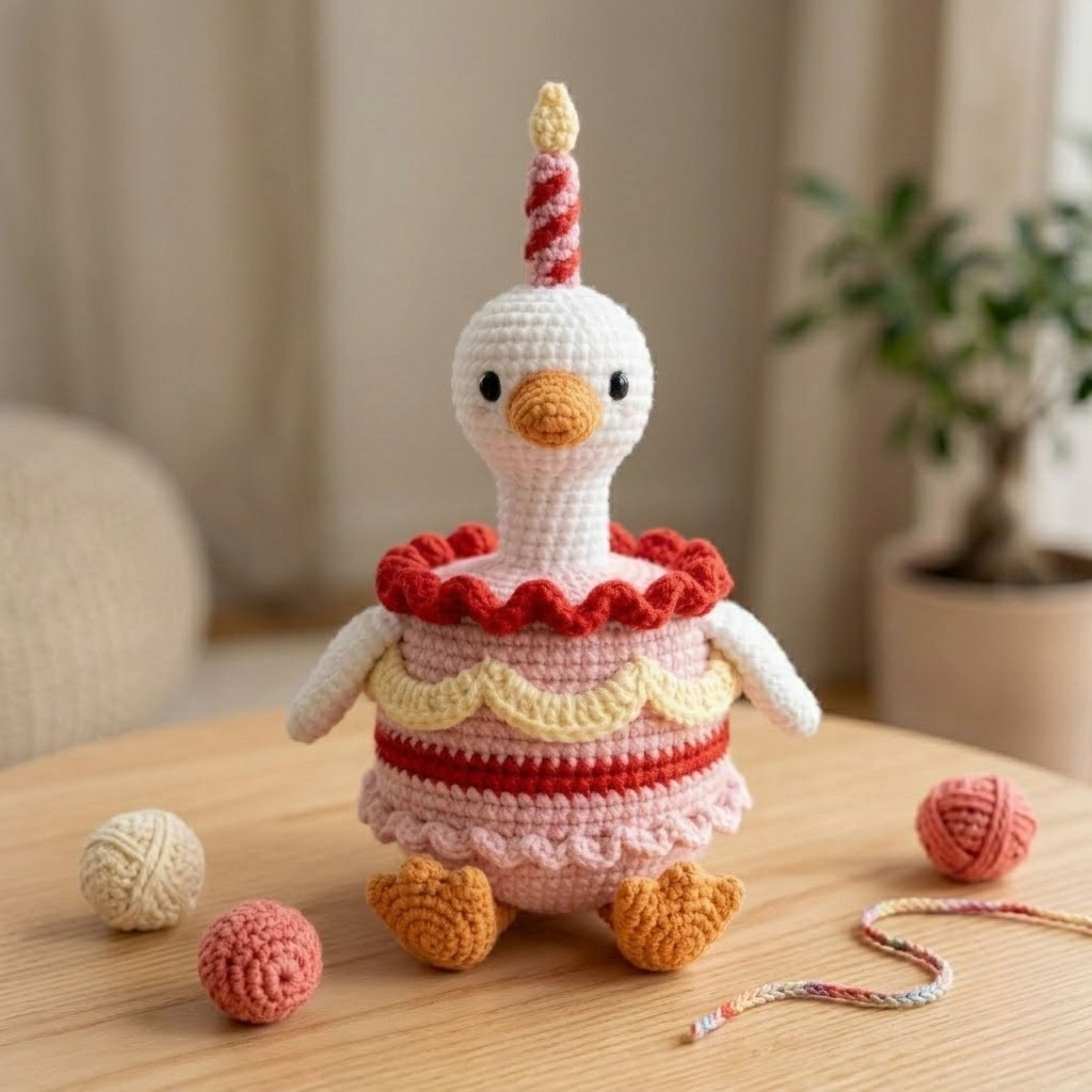 Handmade Crochet Birthday Goose Plush, Cute Amigurumi Goose Cake Doll, Pink Party Bird Gift, Soft Nursery Decor in 4-12 Inch Sizes