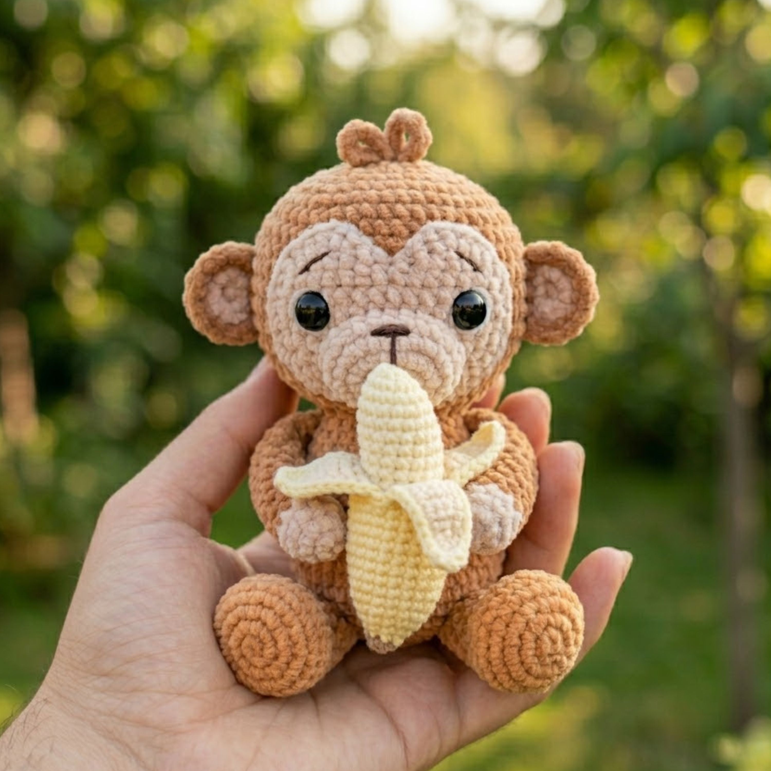 Handmade Crochet Monkey Plush with Banana, Cute Amigurumi Monkey Doll, Kawaii Jungle Animal Gift, Soft Crochet Toy in 4-12 Inch Sizes