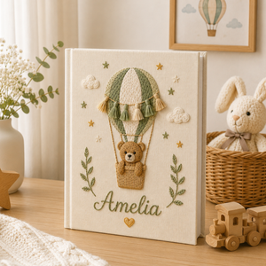 Personalized Teddy Bear Baby Photo Album, Hand Embroidered Hot Air Balloon Baby Memory Book, Custom Newborn Keepsake Album, Baby Shower Gift