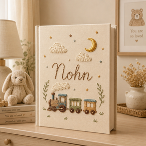 Hand Embroidered Little Train Linen Baby Photo Album , Custom Linen Baby Memory Book, Custom Newborn Keepsake Album, Baby Shower Gift
