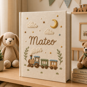 Hand Embroidered Little Train Linen Baby Photo Album , Custom Linen Baby Memory Book, Custom Newborn Keepsake Album, Baby Shower Gift