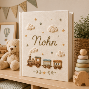 Hand Embroidered Little Train Linen Baby Photo Album , Custom Linen Baby Memory Book, Custom Newborn Keepsake Album, Baby Shower Gift