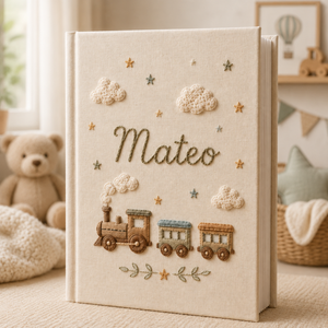 Hand Embroidered Little Train Linen Baby Photo Album , Custom Linen Baby Memory Book, Custom Newborn Keepsake Album, Baby Shower Gift