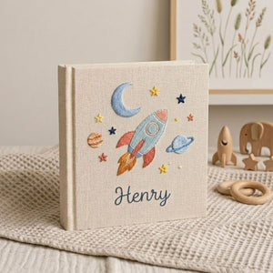 Personalized Baby Photo Album, Hand Embroidered Dinosaur Memory Book, Custom Name Keepsake, Woodland Nursery Gift, Newborn, Baby Shower Gift