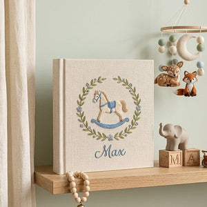 Personalized Baby Photo Album, Hand Embroidered Dinosaur Memory Book, Custom Name Keepsake, Woodland Nursery Gift, Newborn, Baby Shower Gift