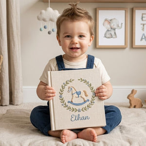 Personalized Baby Photo Album, Hand Embroidered Dinosaur Memory Book, Custom Name Keepsake, Woodland Nursery Gift, Newborn, Baby Shower Gift
