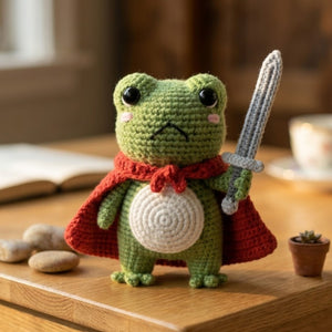 Crochet Warrior Frog Plush With Sword and Red Cape, Cute Amigurumi Frog Stuffed Animal, Kawaii Fantasy Gift, 4-12 Inch Handmade Toy For Kids