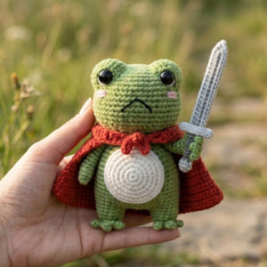 Crochet Warrior Frog Plush With Sword and Red Cape, Cute Amigurumi Frog Stuffed Animal, Kawaii Fantasy Gift, 4-12 Inch Handmade Toy For Kids
