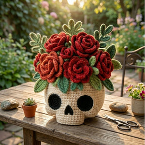 Crochet Skull Flower Vase, Rose Bouquet Amigurumi Decor, Gothic Floral Plush, Halloween Day of the Dead Gift, Handmade Style Decor 6-14 Inch