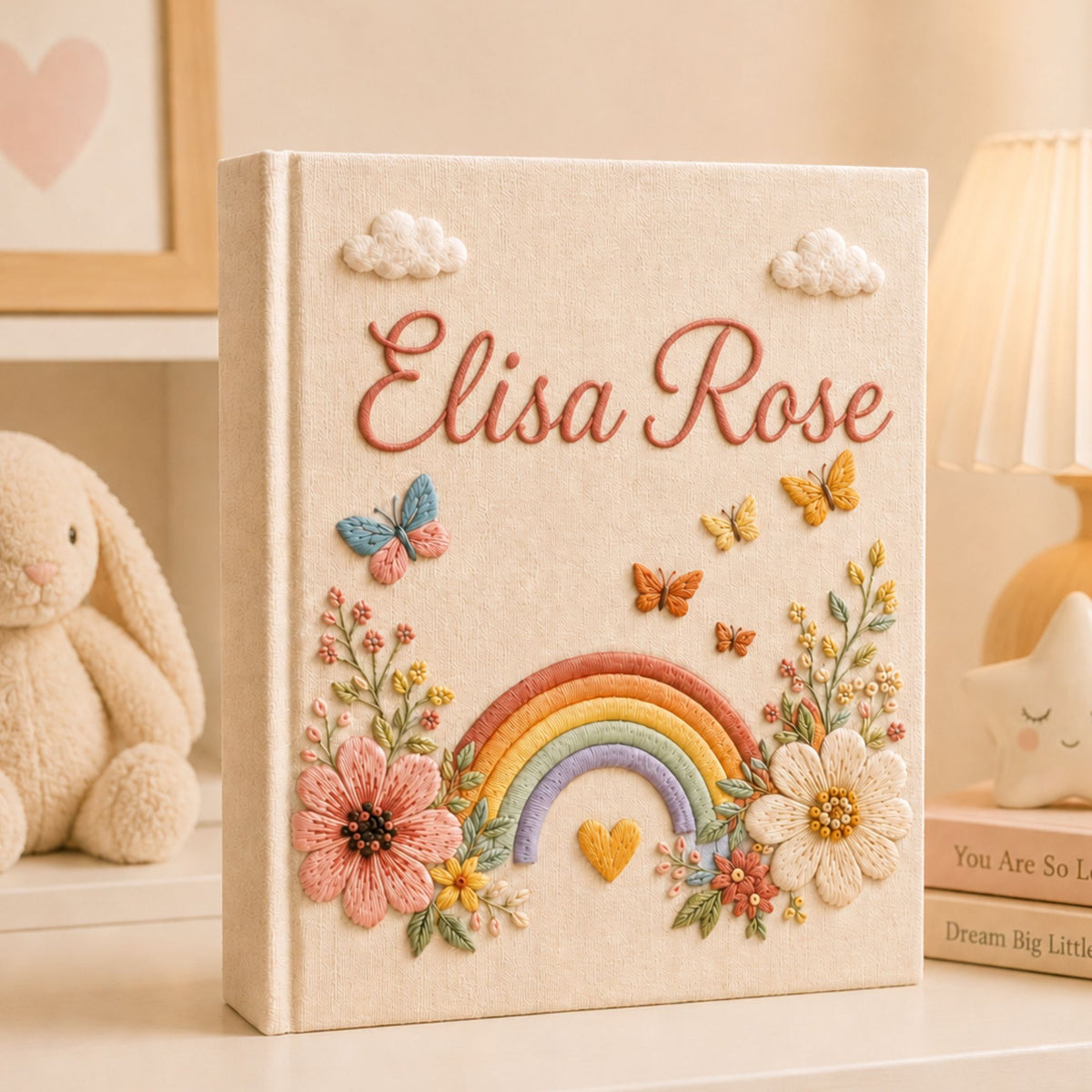 Custom Hand Embroidered Keepsake Baby Album, Custom Butterfly Sunflower Rainbow Keepsake Baby Book, Baby Scrapbook, Baby Shower Gift