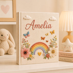Custom Hand Embroidered Keepsake Baby Album, Custom Butterfly Sunflower Rainbow Keepsake Baby Book, Baby Scrapbook, Baby Shower Gift