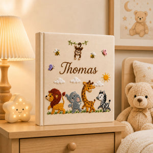 Personalized Embroidered Safari Baby Photo Album, Custom Name Jungle Animal Baby Book, Lion Giraffe Zebra Baby Album, Baby Shower Gift
