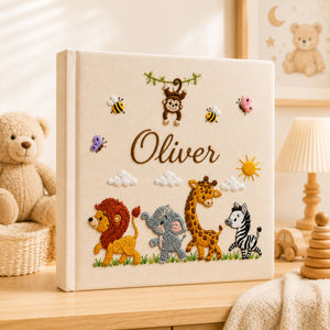 Personalized Embroidered Safari Baby Photo Album, Custom Name Jungle Animal Baby Book, Lion Giraffe Zebra Baby Album, Baby Shower Gift