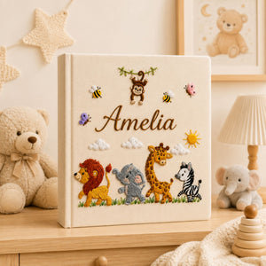 Personalized Embroidered Safari Baby Photo Album, Custom Name Jungle Animal Baby Book, Lion Giraffe Zebra Baby Album, Baby Shower Gift