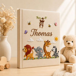 Personalized Embroidered Safari Baby Photo Album, Custom Name Jungle Animal Baby Book, Lion Giraffe Zebra Baby Album, Baby Shower Gift