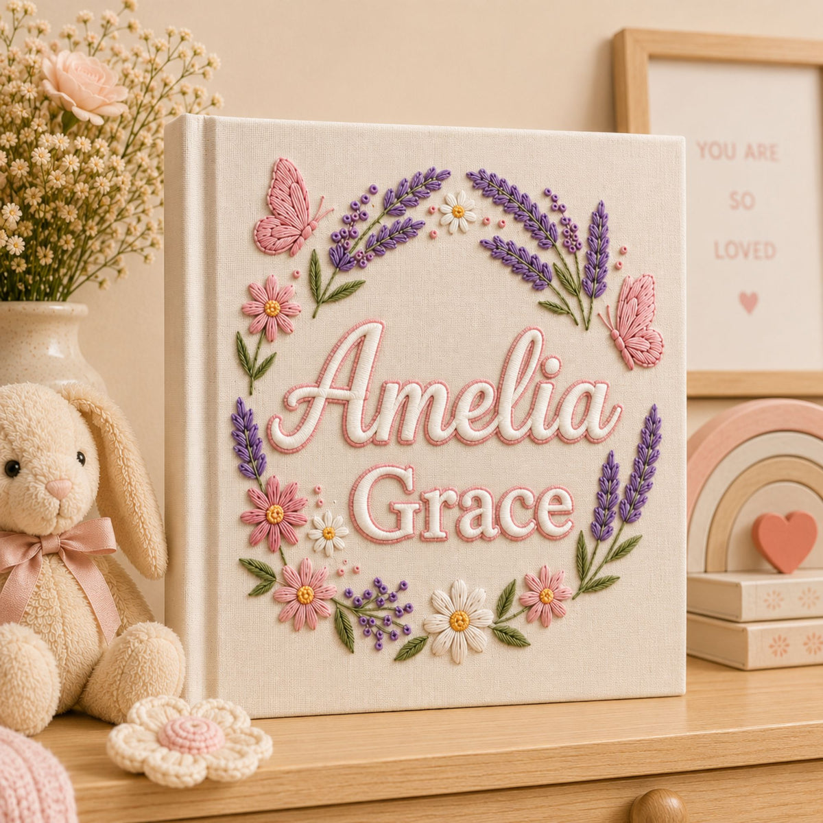 Custom Embroidered Wildflower Baby Photo Album, Custom Name Floral Butterfly Nursery Memory Book, Baby Shower Gift for Girls