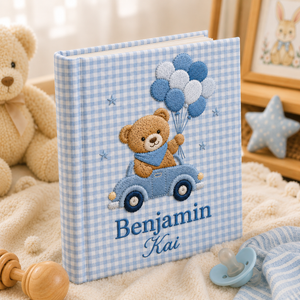 Personalized Embroidered Teddy Bear Baby Photo Album, Gingham Car and Balloon Memory Book, Custom Name Bear Album Keepsake, Baby Shower Gift