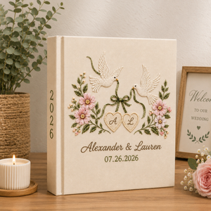 Custom Hand Embroidered Linen Wedding Photo Album, Love Birds Heart Wedding Memory Book, Linen Love Birds Wedding Book, Bridal Shower Gift