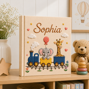 Custom Hand Embroidered Safari Baby Photo Album, Personalized Rainbow Animal Memory Book, Lion Elephant Giraffe Baby Book, Baby Shower Gift