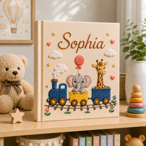 Custom Hand Embroidered Safari Baby Photo Album, Personalized Rainbow Animal Memory Book, Lion Elephant Giraffe Baby Book, Baby Shower Gift