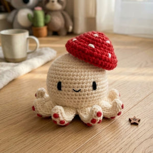 Cute Crochet Mushroom Octopus Plush, Handmade Amigurumi Toy, Kawaii Yarn Gift, Soft Decor Doll for Kids, Nursery, Collectors