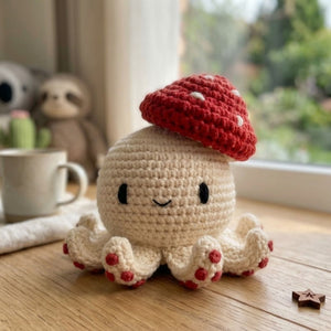 Cute Crochet Mushroom Octopus Plush, Handmade Amigurumi Toy, Kawaii Yarn Gift, Soft Decor Doll for Kids, Nursery, Collectors