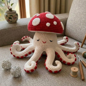 Crochet Mushroom Octopus Plush, Handmade Amigurumi Sea Animal Toy, Kawaii Yarn Decor Gift for Kids, Nursery, Collectors