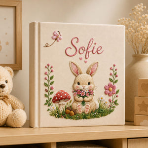 Custom Embroidered Floral Bunny Baby Photo Album, Woodland Bunny Baby Memory Book, Custom Newborn Keepsake Album, Baby Girl Shower Gift