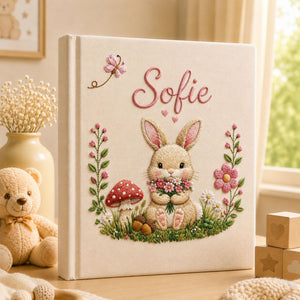 Custom Embroidered Floral Bunny Baby Photo Album, Woodland Bunny Baby Memory Book, Custom Newborn Keepsake Album, Baby Girl Shower Gift