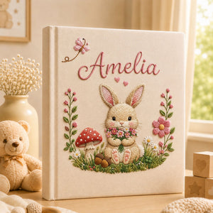 Custom Embroidered Floral Bunny Baby Photo Album, Woodland Bunny Baby Memory Book, Custom Newborn Keepsake Album, Baby Girl Shower Gift