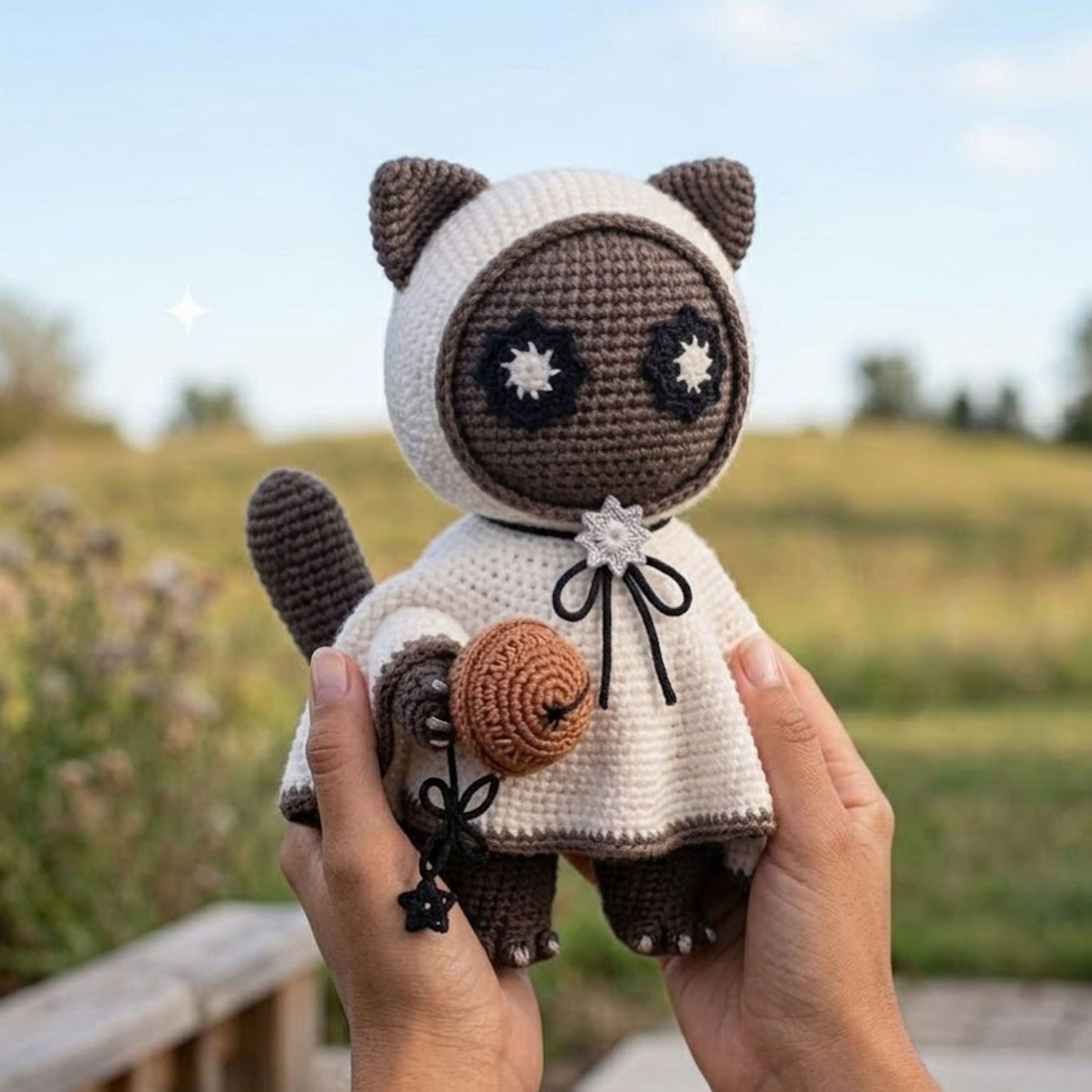 Handmade Crochet Cat Doll Plush, Kawaii Amigurumi Kitty in Hooded Cape, Soft Yarn Gift Toy for Kids, Collectors, Room Decor