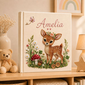 Personalized Embroidered Floral Deer Baby Girl Photo Album, Custom Name Deer Woodland Nursery Keepsake Memory Book, Baby Shower Gift