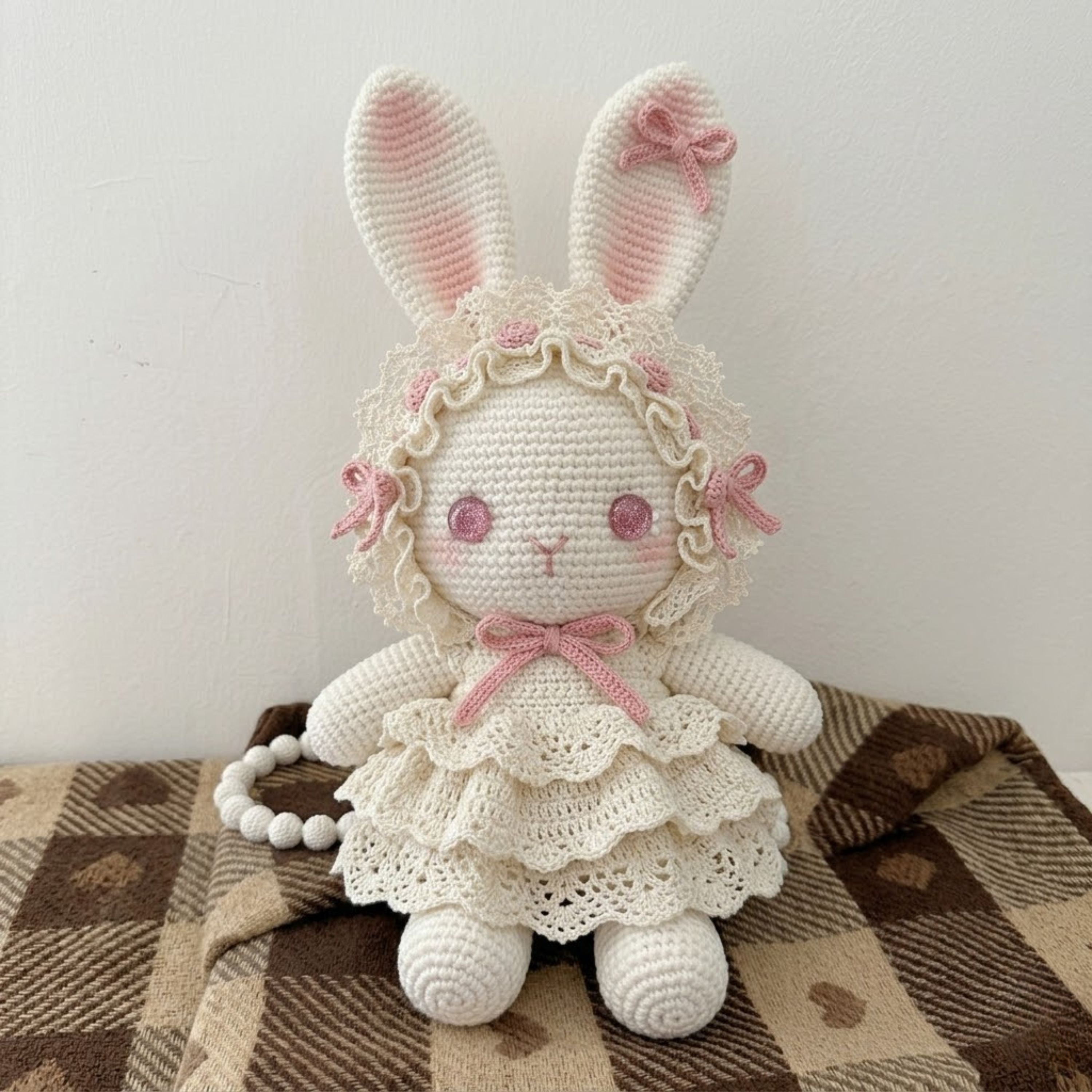 Handmade Crochet Bunny Doll Plush, Amigurumi Rabbit in Lace Dress, Kawaii Yarn Gift Toy for Kids, Nursery, Room Decor Decor