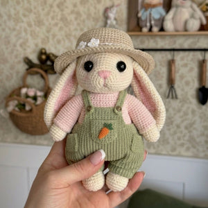Handmade Crochet Bunny Doll Plush, Amigurumi Rabbit in Overalls and Hat, Soft Yarn Gift Toy for Kids, Nursery, Farm Room Decor