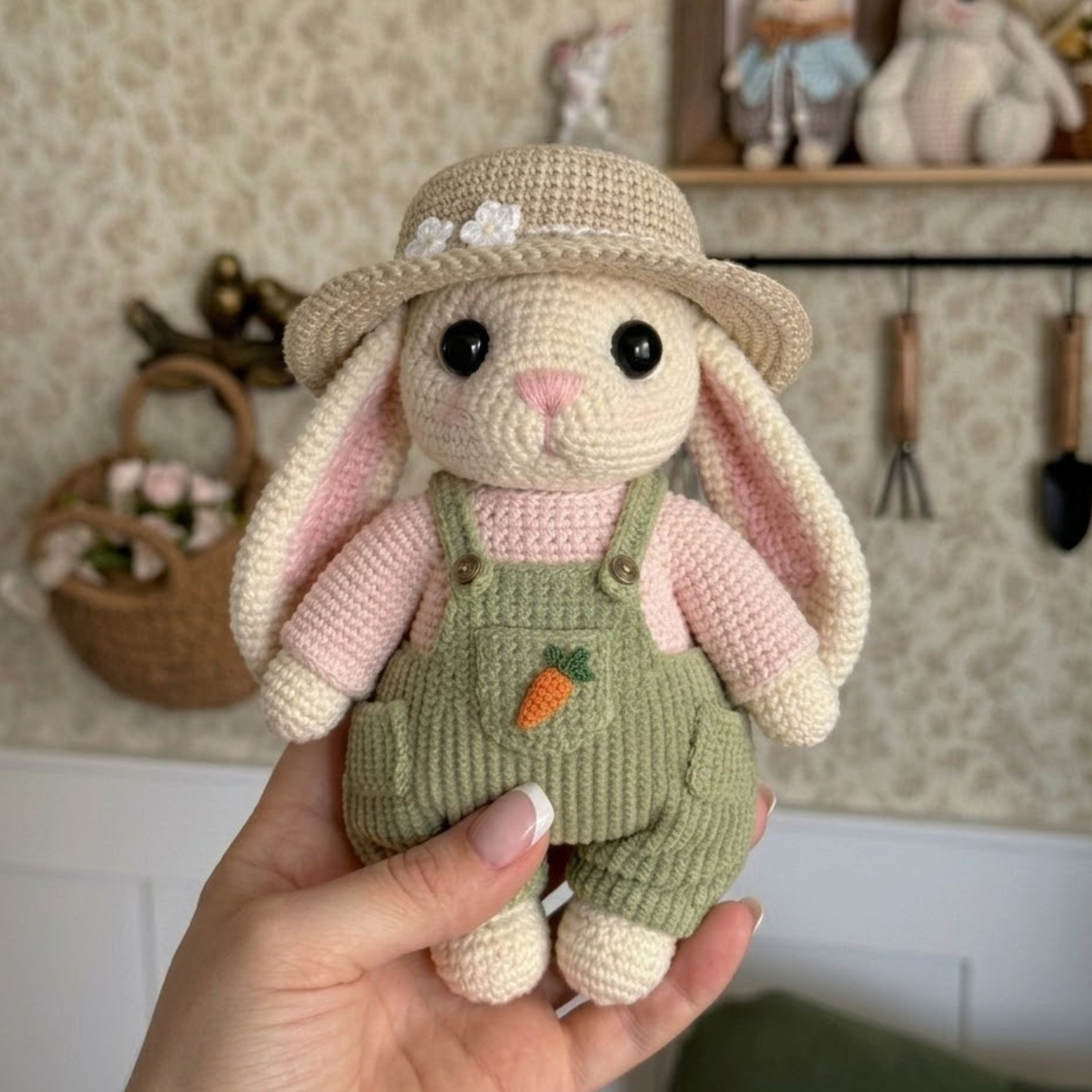 Handmade Crochet Bunny Doll Plush, Amigurumi Rabbit in Overalls and Hat, Soft Yarn Gift Toy for Kids, Nursery, Farm Room Decor