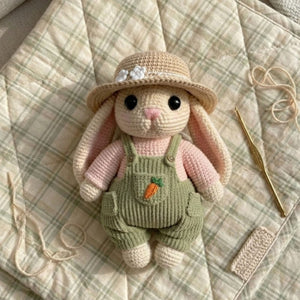 Handmade Crochet Bunny Doll Plush, Amigurumi Rabbit in Overalls and Hat, Soft Yarn Gift Toy for Kids, Nursery, Farm Room Decor