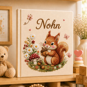 Personalized Embroidered Squirrel Baby Photo Album, Custom Name Floral Woodland Animal Memory Book, Custom Newborn Album Baby Shower Gift