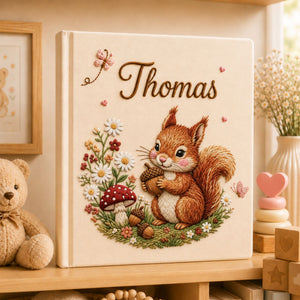 Personalized Embroidered Squirrel Baby Photo Album, Custom Name Floral Woodland Animal Memory Book, Custom Newborn Album Baby Shower Gift