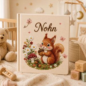 Personalized Embroidered Squirrel Baby Photo Album, Custom Name Floral Woodland Animal Memory Book, Custom Newborn Album Baby Shower Gift
