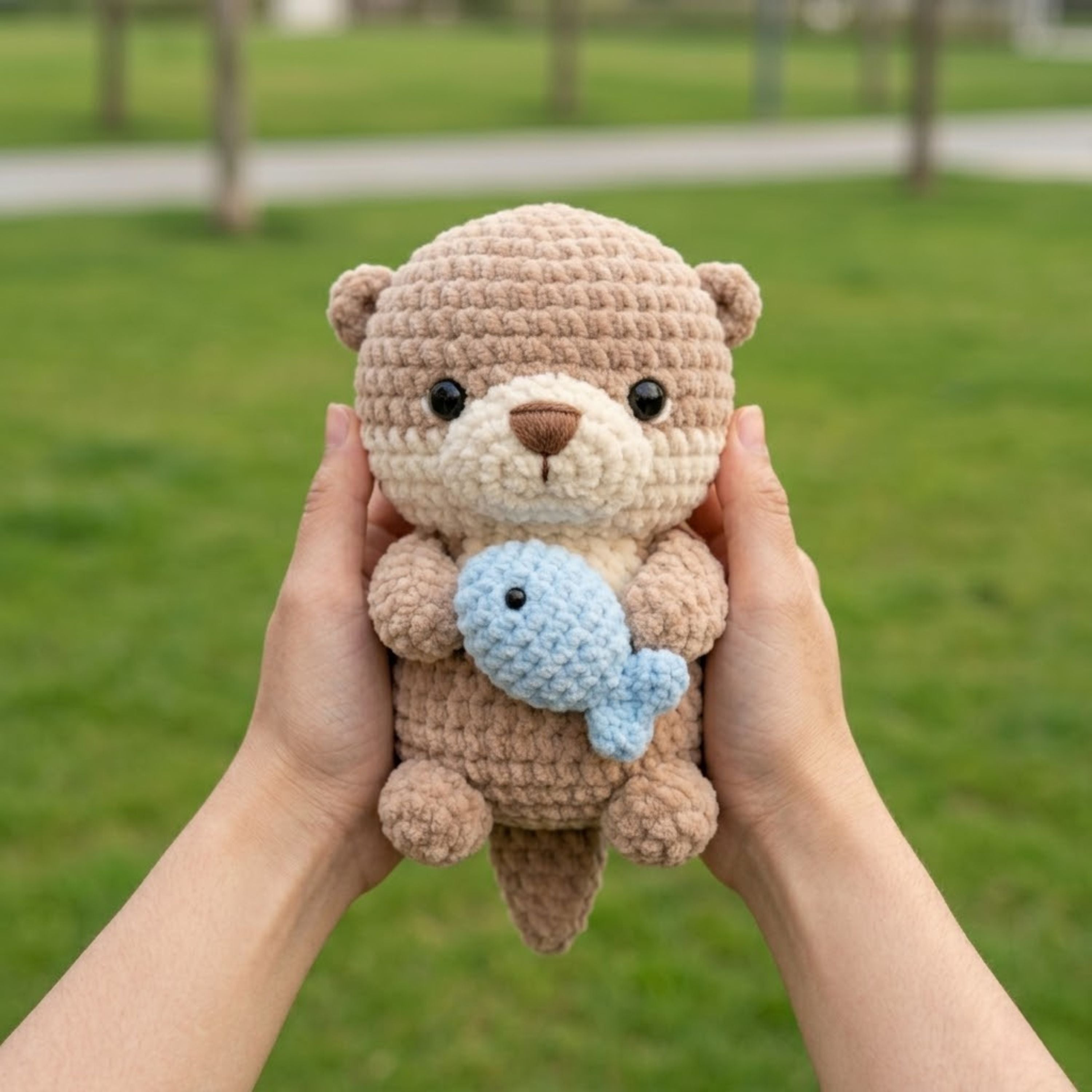 Handmade Crochet Otter Plush, Cute Amigurumi Sea Animal Doll with Blue Fish, Soft Yarn Gift Toy for Kids, Nursery, Room Decor