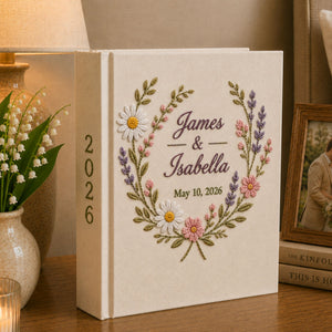 Custom Hand Embroidered Floral Wedding Photo Album, Personalized Wedding Memory Book, Linen Album Anniversary Gift, Bridal Shower Gift