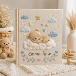 Hand Embroidered Baby Photo Album, Personalized Baby Album, Custom Name Memory Book, Teddy Bear Nursery Keepsake, Newborn Gift