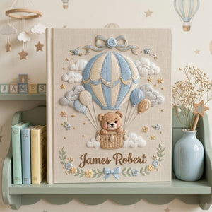 Hand Embroidered Baby Photo Album, Personalized Baby Album, Custom Name Memory Book, Hot Air Balloon Teddy Bear Keepsake Gift