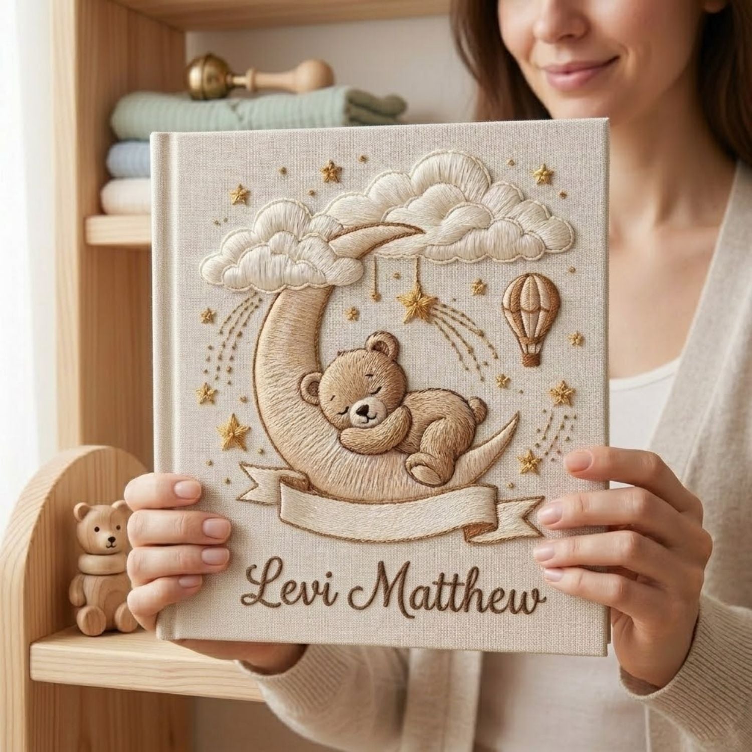Hand Embroidered Baby Photo Album, Personalized Baby Album, Custom Name Memory Book, Teddy Bear Moon Stars Keepsake Gift