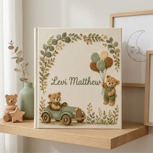 Hand Embroidered Baby Photo Album, Personalized Baby Memory Book, Custom Name Keepsake Album, Teddy Bear Nursery Gift
