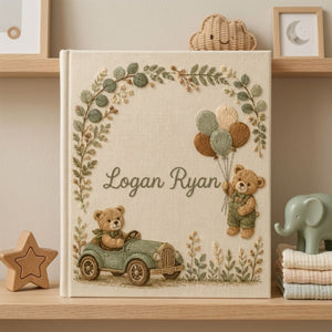 Hand Embroidered Baby Photo Album, Personalized Baby Memory Book, Custom Name Keepsake Album, Teddy Bear Nursery Gift