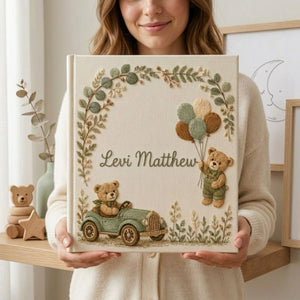 Hand Embroidered Baby Photo Album, Personalized Baby Memory Book, Custom Name Keepsake Album, Teddy Bear Nursery Gift